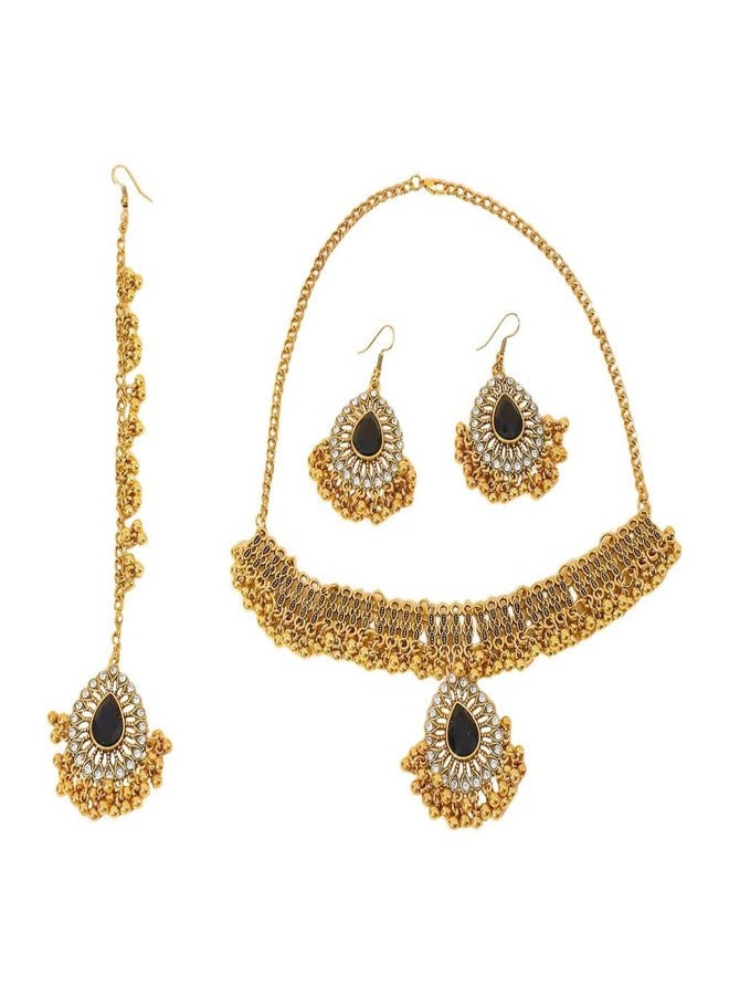 Cykdohy Ethnic Indian Jhumka Tassel Rhinestone Choker Necklace Earrings Maang Tikka 3 Pcs Set Oxidized Ancient Gold Bohemian Traditional Jhumki Pendant Crystal Retro Bollywood Statement Gypsy Wedding Bridal Jewelry for Women (Black) - Image 1